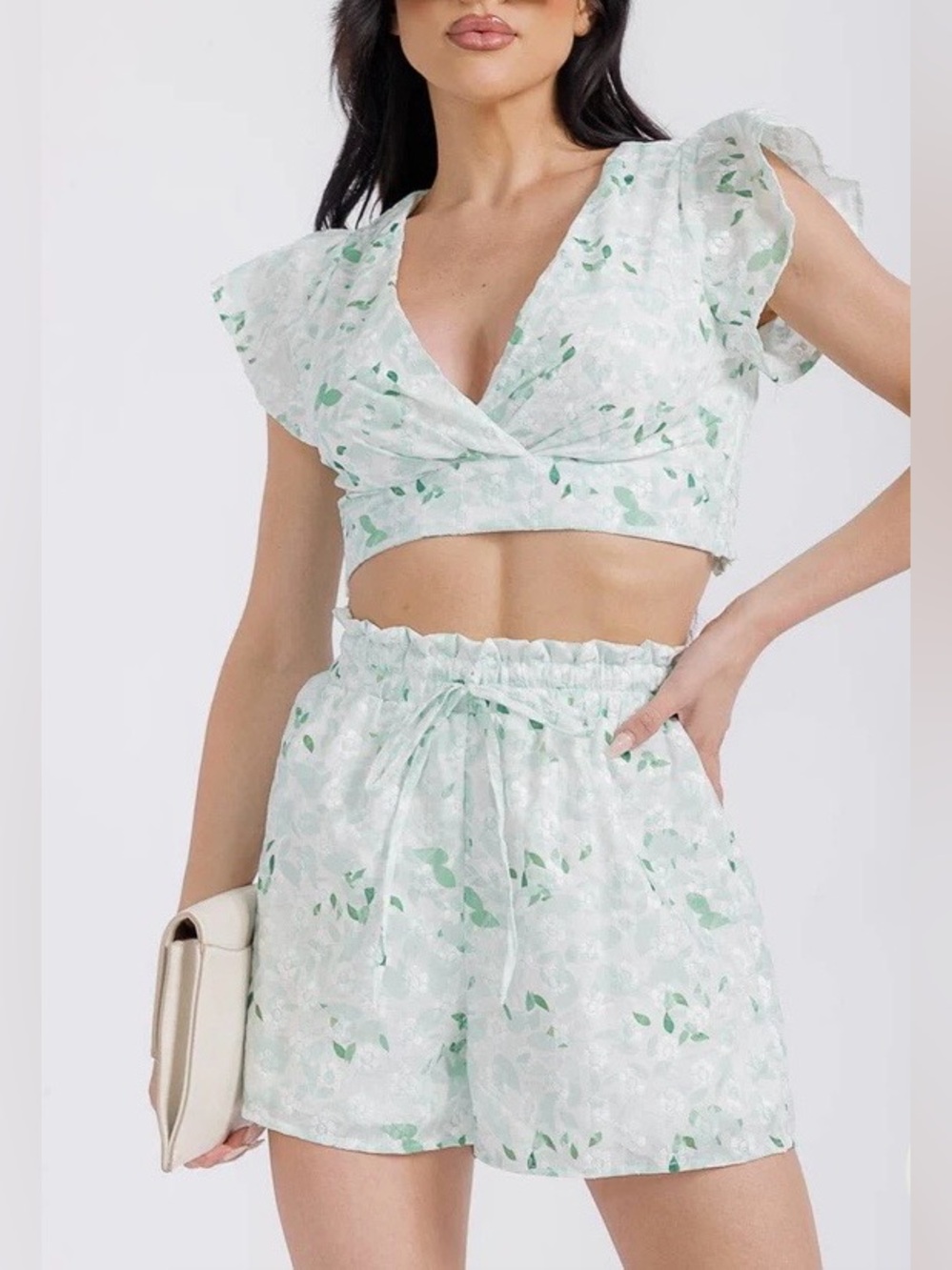 0221.  Mint Green Floral Two-Piece Crop Top & Shorts Set